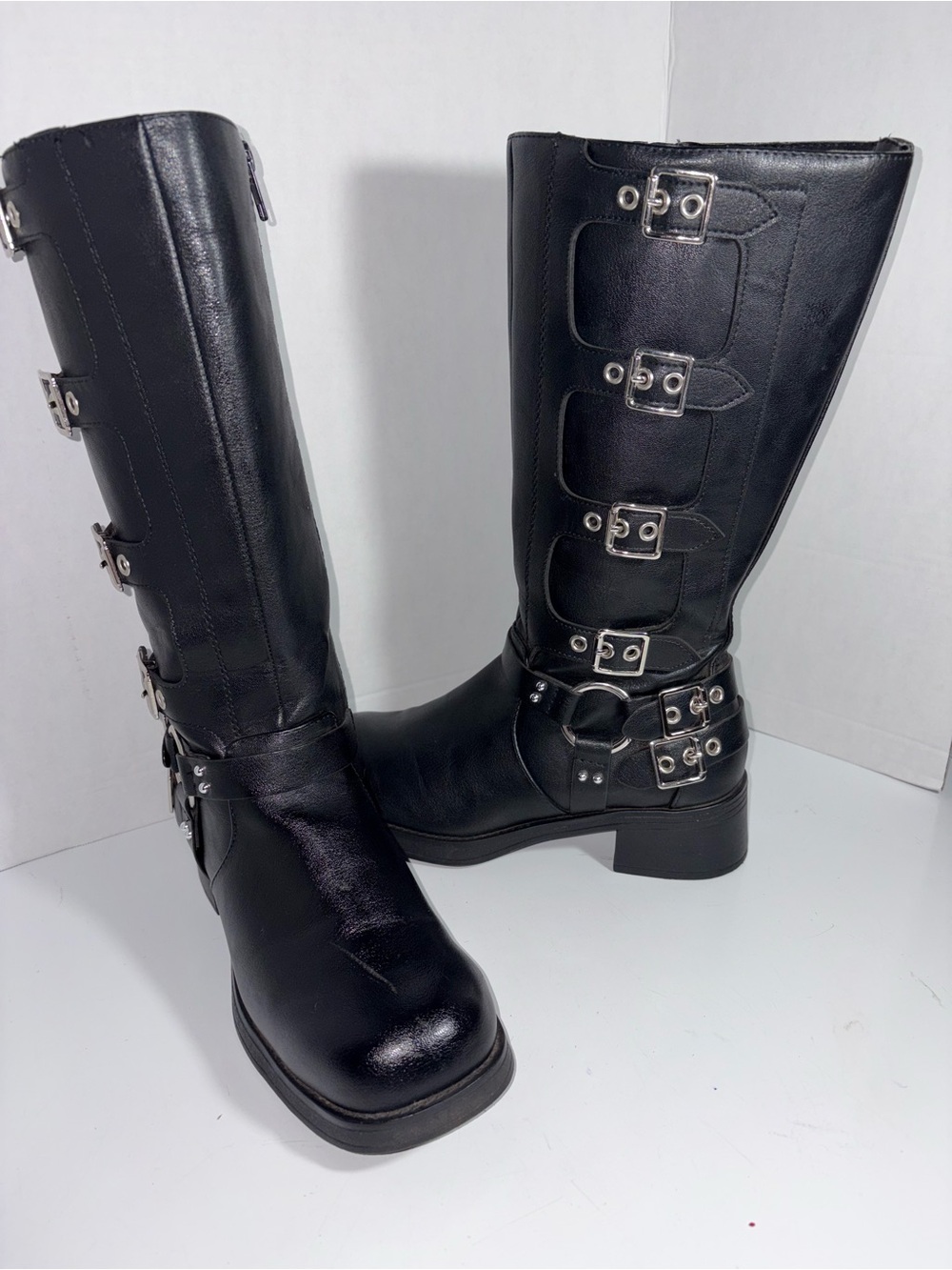 Soda Black Faux Leather Multi-Buckle Harness Moto Goth Knee High Boots 8.5